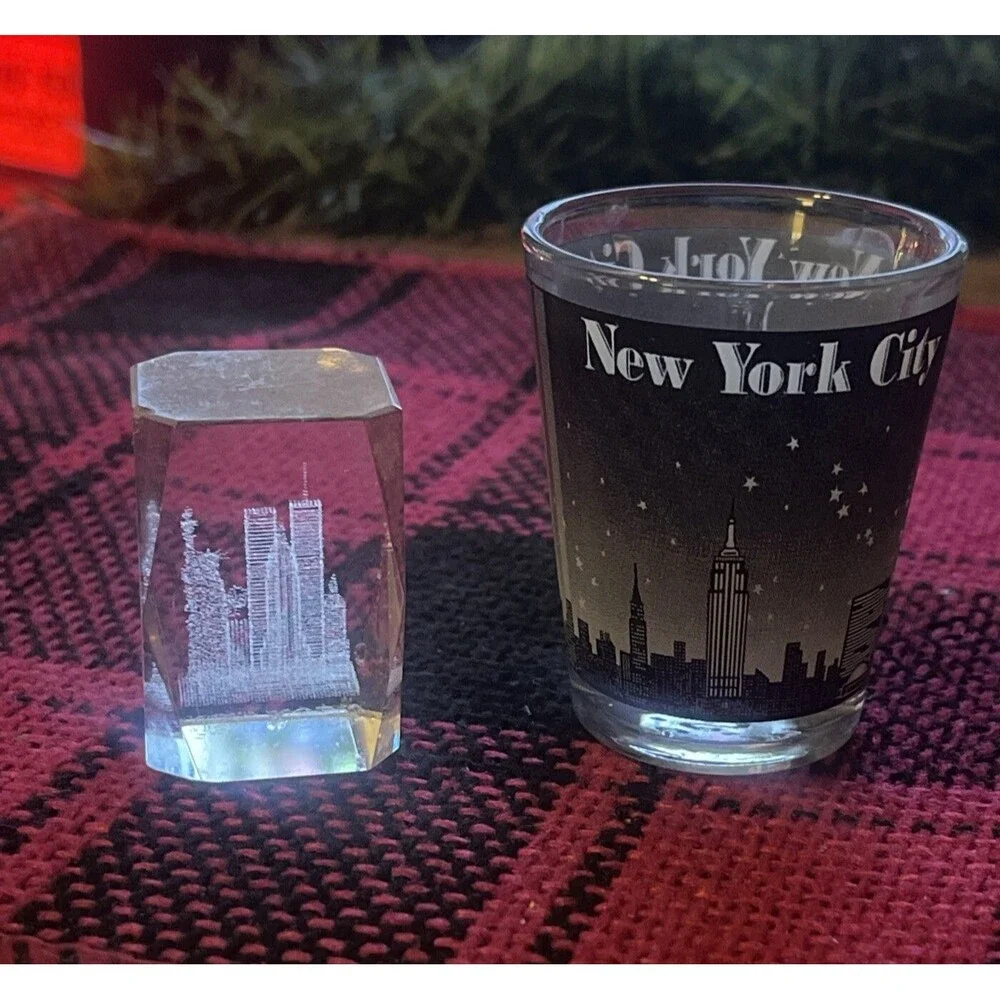 Vintage Souvenir Shot Glass New York City Highlights Twin Towers World Trade NYC